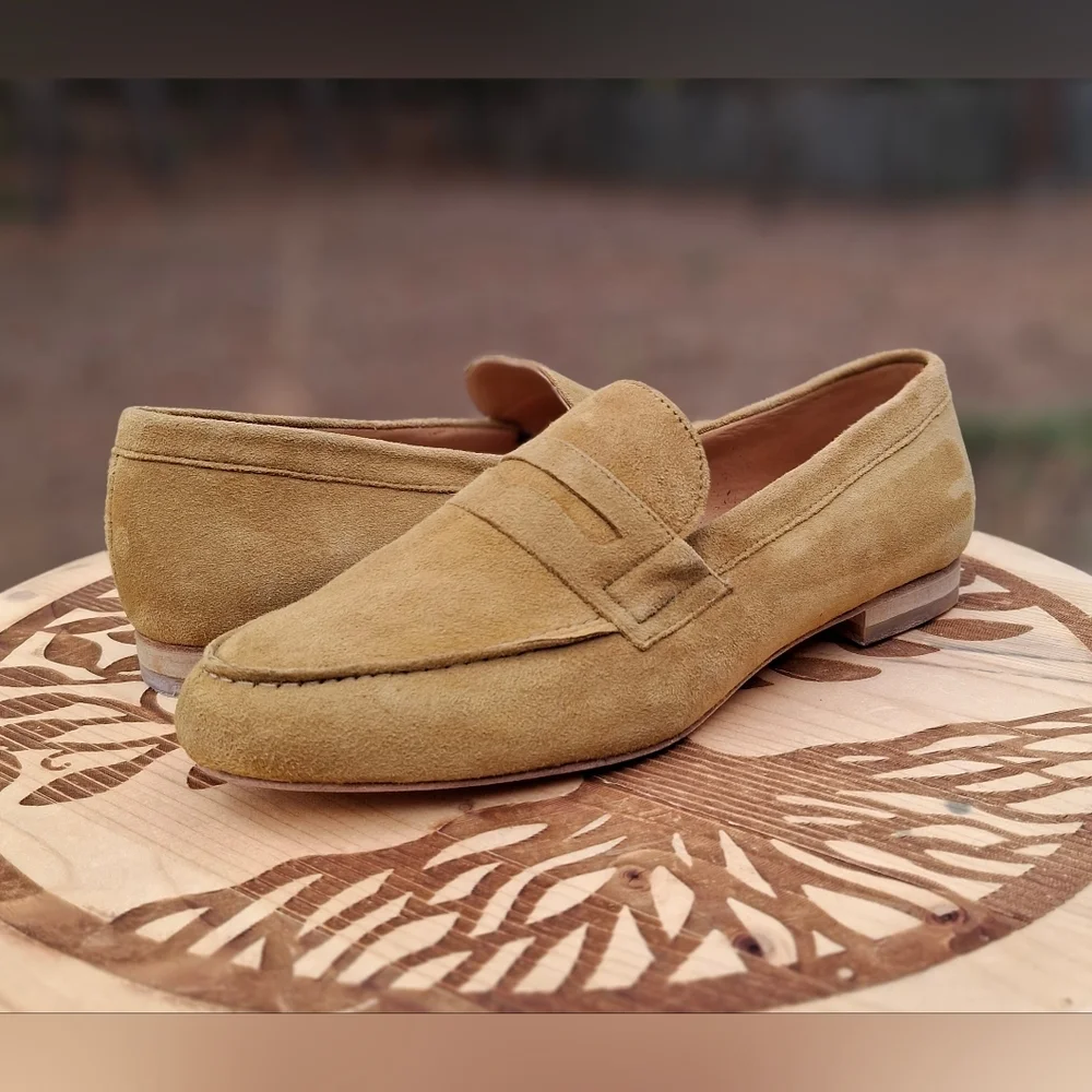 Mysuelly Parisian Chic Tan/Camel Suede & Leather Low Heel Loafers Size 6.5/7